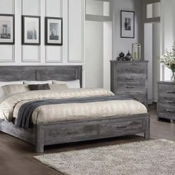 RUSTIC GRAY OAK FINISH EASTERN KING SIZE BED FRAME STORAGE DRAWERS FOOTBOARD - CAMA CAJONES AL PIE