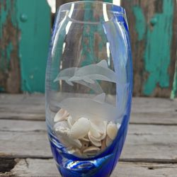 Vintage Caithness Dolphin Etched Glass Vase