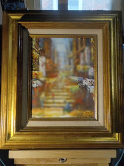 Vintage Framed Oil Painting - Impasto Street Scene