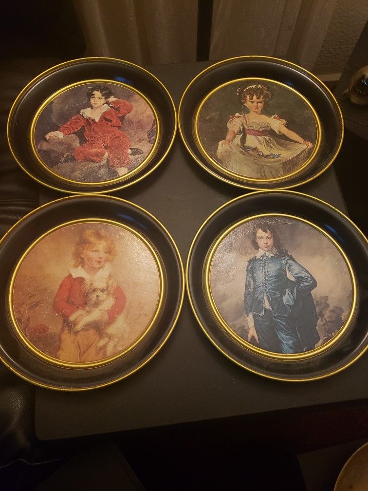 4 Vintage Fabcraft Famous Paintings TIN PLATES/8.5" Diameter