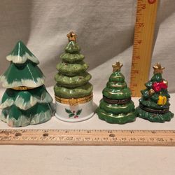 "Christmas" Trees Porcelain Hinged Trinket Boxes--lot Of 4