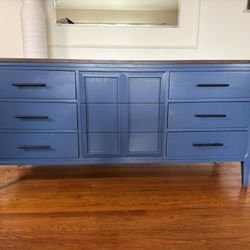 Mid Century Modern Dresser – Navy Blue, Wood Top, Fully Refinished, Designer Style