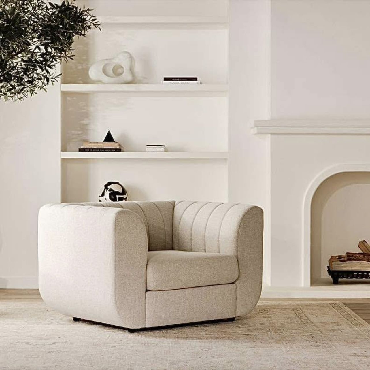 Free Delivery NEW IN-BOX Oversized Curved Art Deco Lounge Chair, Neutral Beautiful Textured Fabric (MSRP $1,299+tax)