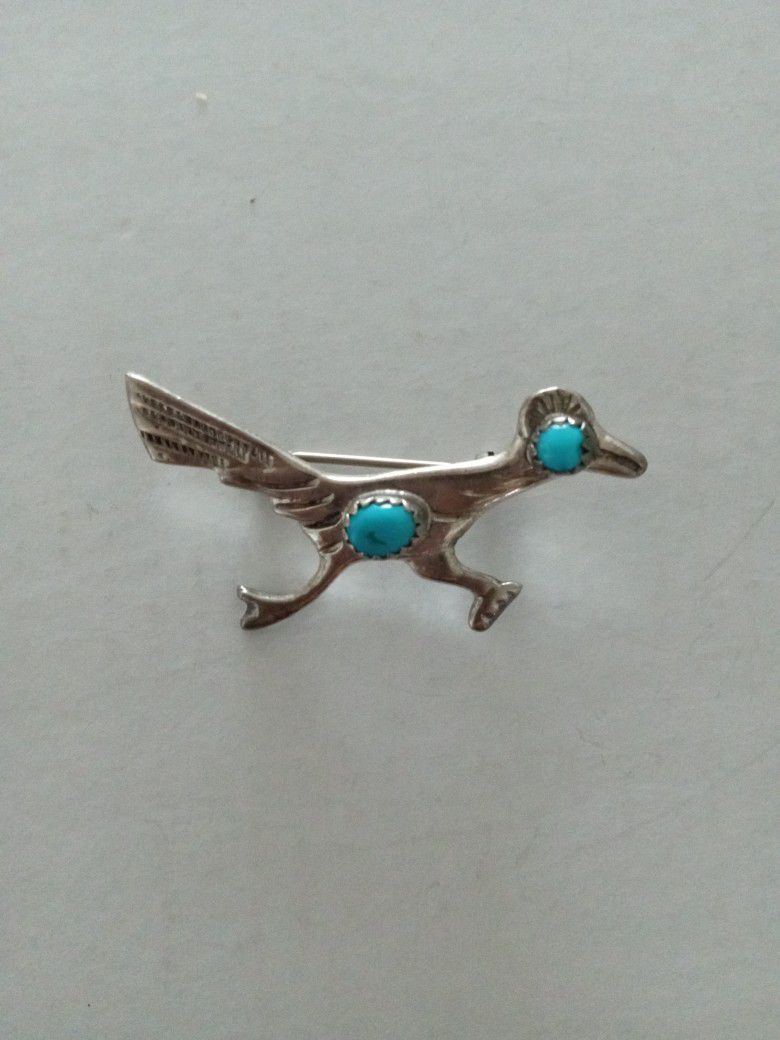Jewelry Vintage Sterling Roadrunner With 2 Turquoise Stones