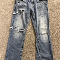 Rock Revival Derek Straight Jeans Mens 32 Blue Distressed Denim