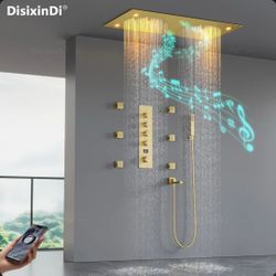 (Brand New in Box)  Ceiling Double Rain Music LED Shower Head with Handheld Spray Rainfall Shower System Set Rough-in Valve Included 008TP-63X32G-6NF 