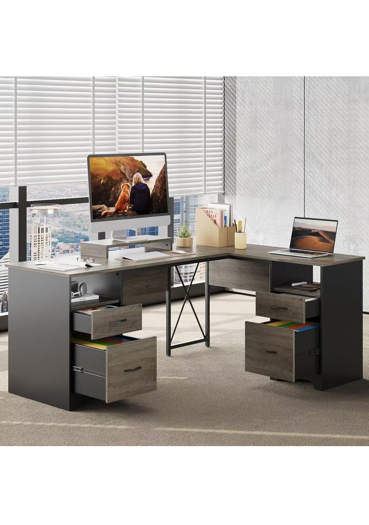 Bestier L Shaped Desk with File Drawers
