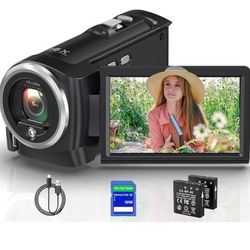 2.7K Video Camera Camcorder QHD 50MP YouTube Vlogging Camera 16X Digital Zoom Webcam 270 Degree Rotation Screen Camcorders with 32G SD Card and 2 Batt
