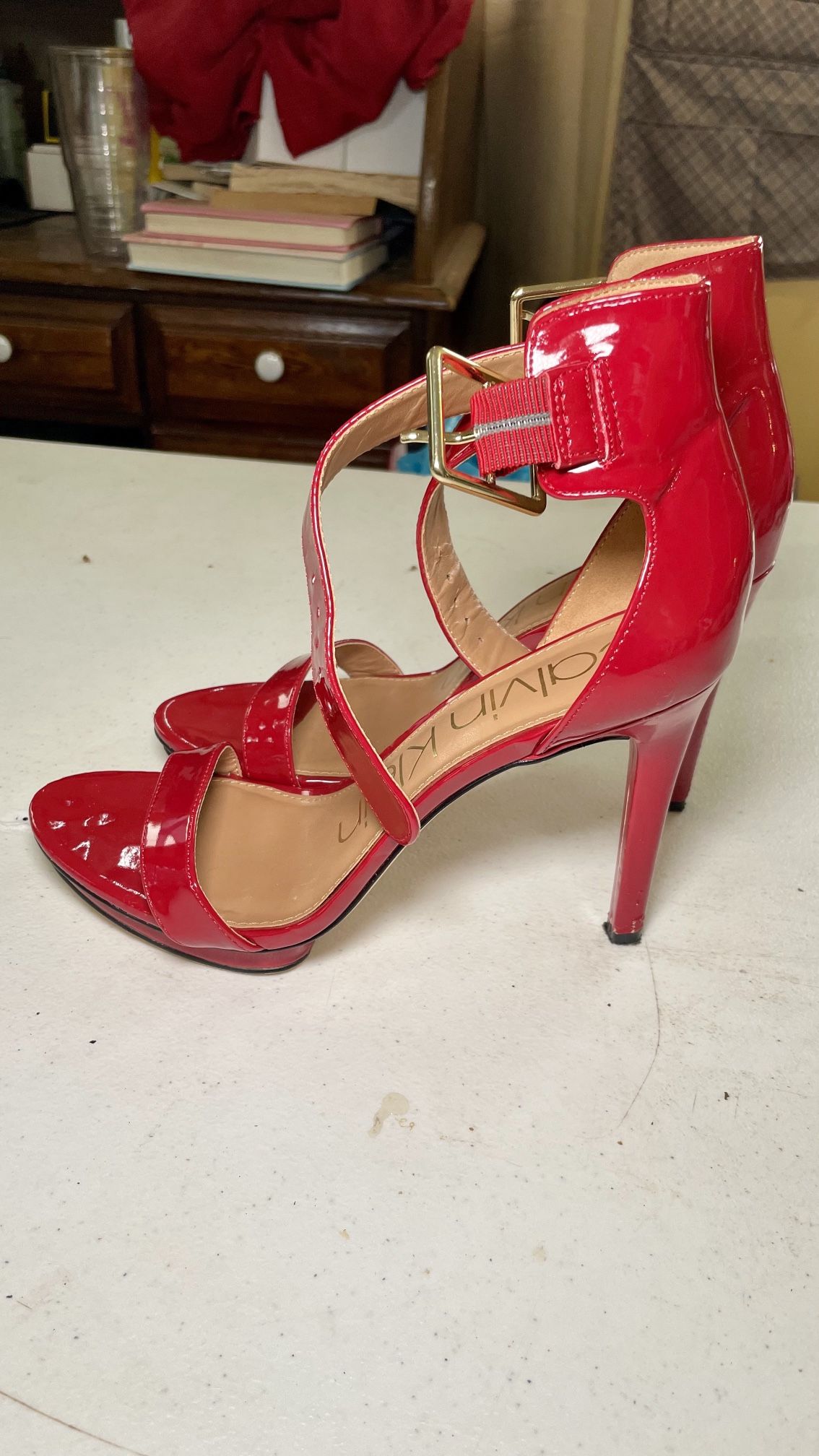 Calvin Klein Red Patent Leather Ankle Strap High Heels Stilettos - Size 9