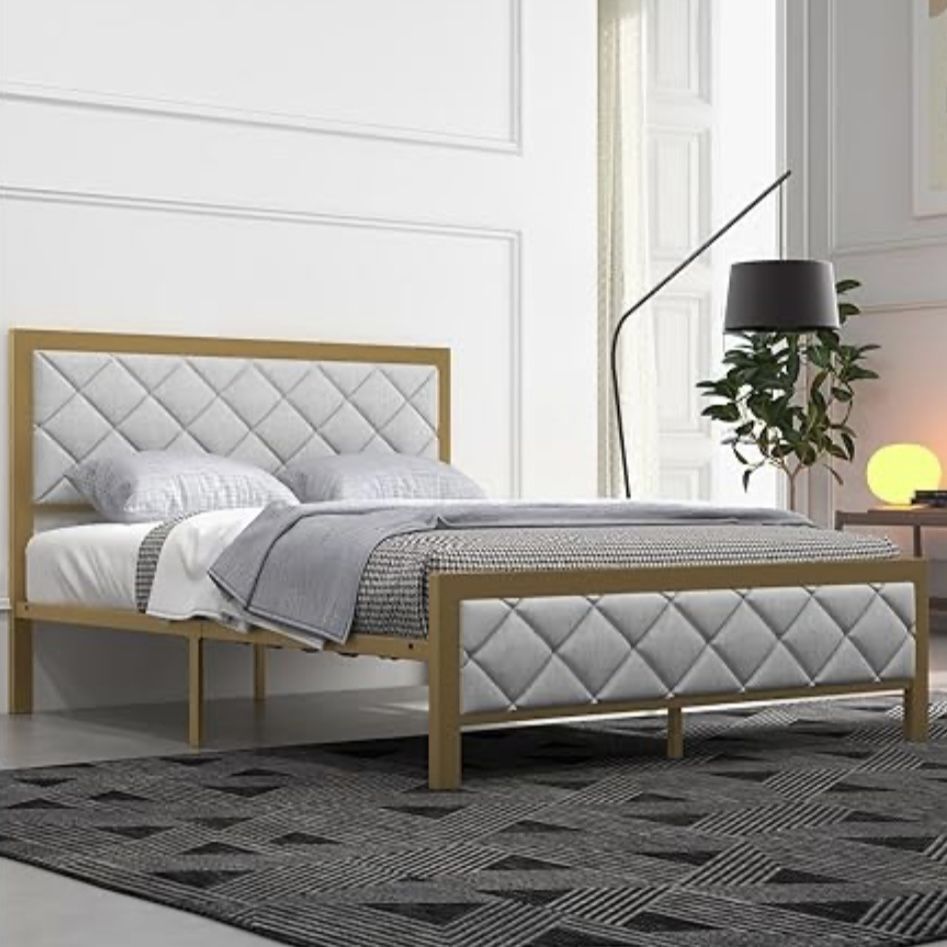 Queen Bed Frame with Velvet Headboard & Footboard Mid-Century Modern