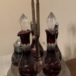  Cruet Caster Condiment Set Cranberry/Red Cut Overlay Glassware