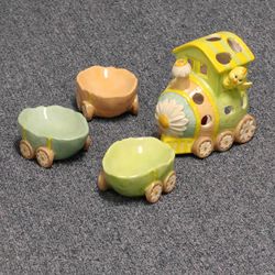 Easter egg shaped candy dish with train candle ceramics