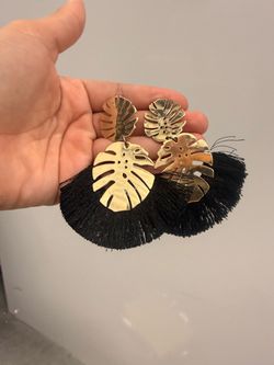 Gold Monstera Leaf Black Tassel Statement Earrings