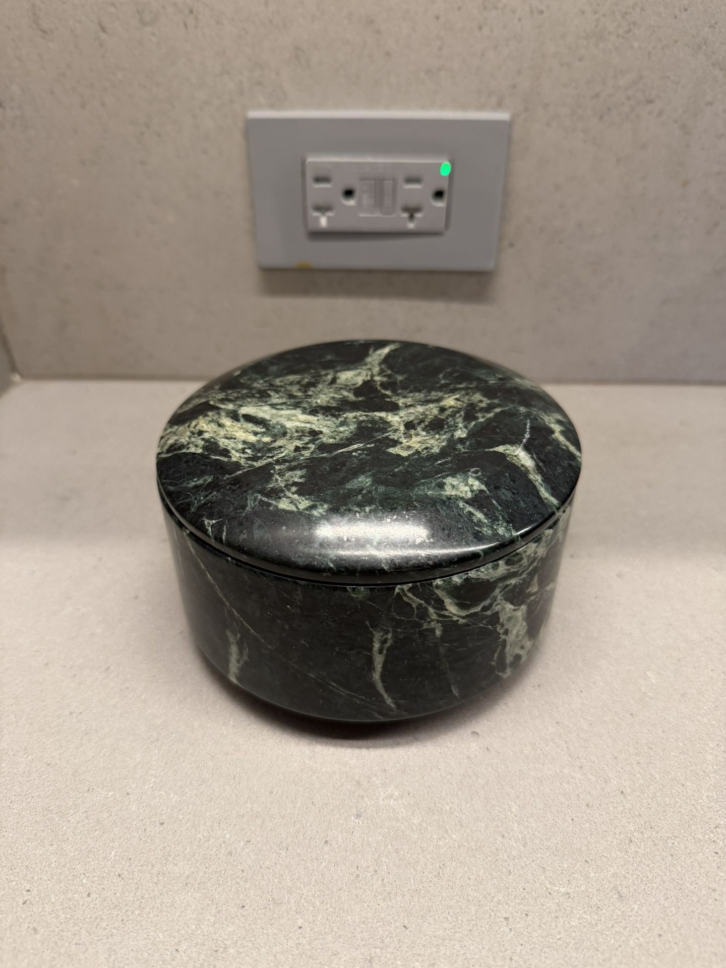 CB2 Emil Round Box with Lid in Green Spider Marble