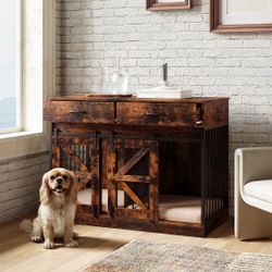 Small Dog Crate with Barn Doors and Steel Frame Duplex Design for Pets with Hidden Storage Drawers Double Rooms for Comfortable and Secure Pet Housing