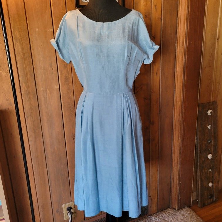 Vintage Handmade 1940s Dusty Blue Short Sleeved Linen Dress Scoop Neck Sz Sm