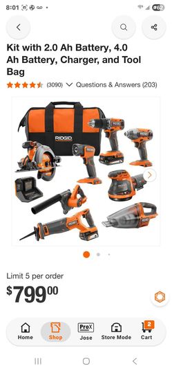 Shop RIDGID
18V Cordless 8-Tool Combo Kit with 2.0 Ah Battery, 4.0 Ah Battery, Charger, and Tool Bag