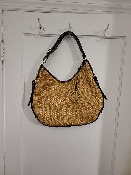 Francesco Biasia Purse Straw Raffia & Leather Shoulder Bag Crescent Coastal