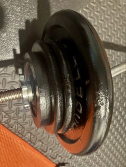 Standard Curl Bar with Weight Plates: 25s, 10s, 7.5s and 5 pounders. Brute Weigh: 109#