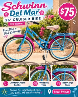 Schwinn Del Mar 26” Cruiser Bike – Blue & Pink – Whitewall Tires
