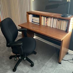 Wood Desk with Built-in Shelves & Comfortable Office Chair