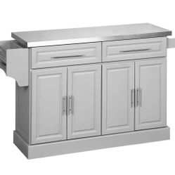 HOMCOM Rolling Kitchen Island Cart with 47" Stainless Steel Top, Portable Island Table for Kitchen with Wheels, Adjustable Shelves, 2 Drawers, Spice, 