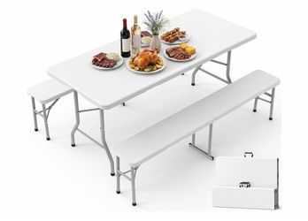 Folding Table and Chairs Set - Sturdy 6FT Folding Table with 2 Chairs, No Assembly Required, Portable Camping Table with Carry Handle for Dining, Part