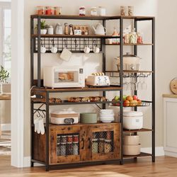 Coffee Bar/Bakers Rack with Power Outlet (Rustic Brown) NEW