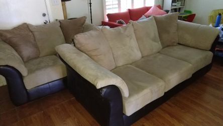 2 piece couch set - tan microfiber with leather sides/back