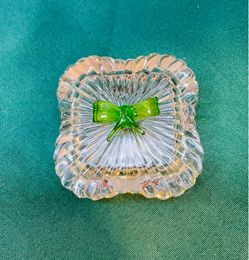 Vintage clear glass adorable swirled ribbed design box with green bow