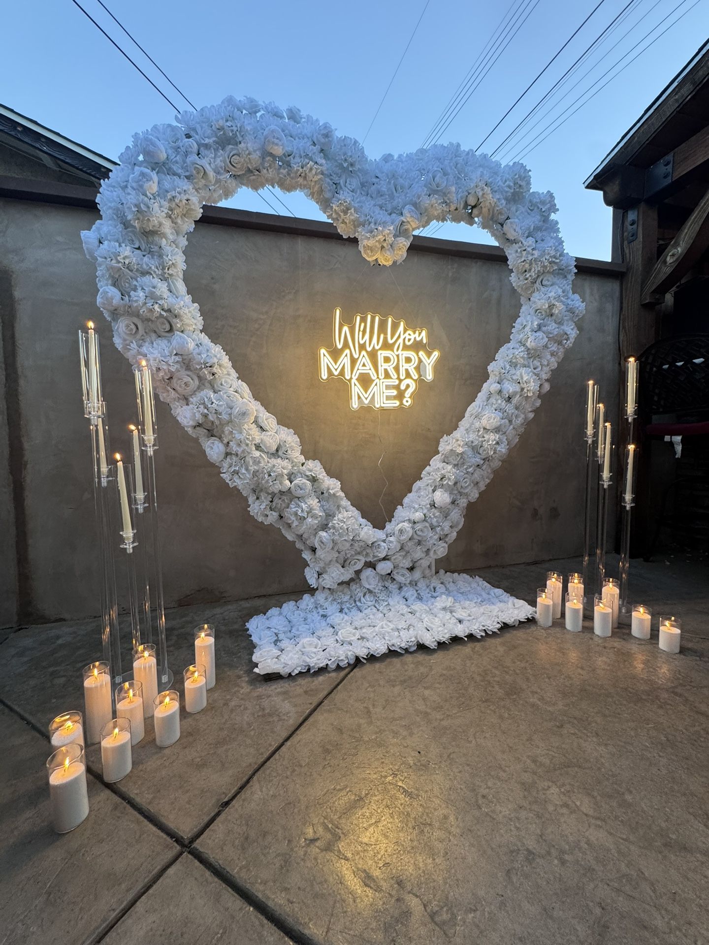 White Rose/Floral Heart arch W/ Will You Marry Me Sign