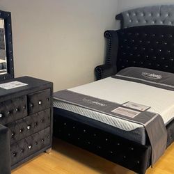 Velvet Bedroom Set Queen or King Bed Dresser Nightstand Mirror Chest Options 