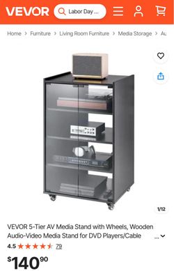 VEVOR 5-Tier AV Media Stand with Wheels, Wooden Audio-Video Media Stand for DVD Players/Cable Boxes/Games Consoles, Height-Adjustable Media Storage Ca