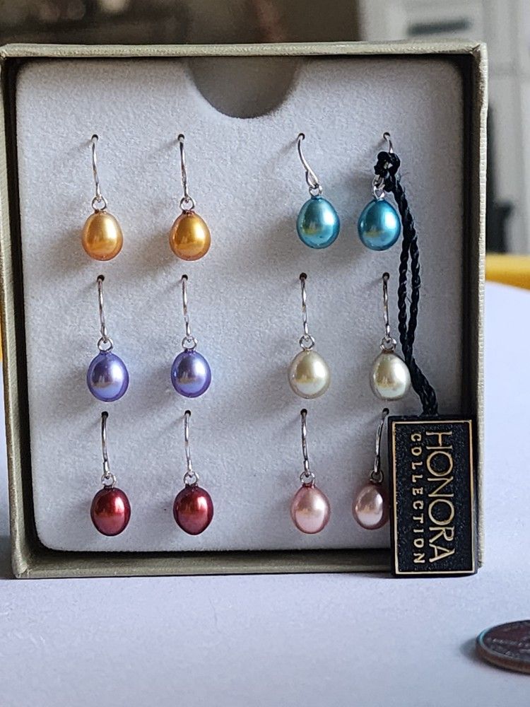 6 Pairs Of Real Pearl Sterling Silver Earrings.