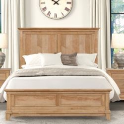 Beige Bed - Queen & King Size Available - Farmhouse Natural Oak Wooden Bed