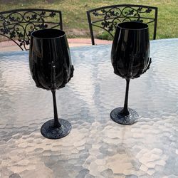 2 Gothic Halloween Black Skeleton Hand Wine Glasses