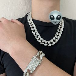 Silver iced out Cuban chain necklace and bracelet set