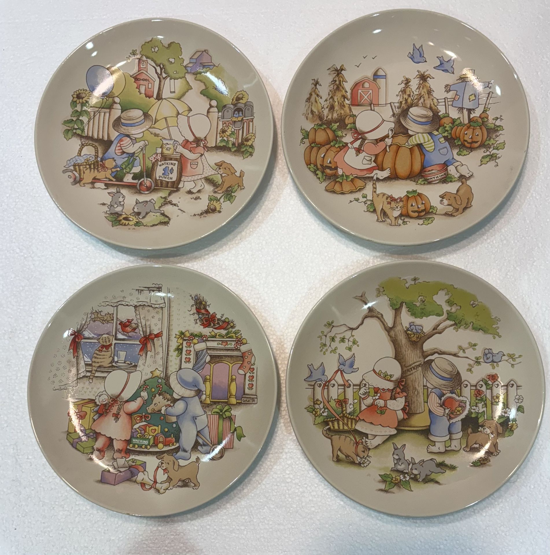 Set Of 4 Vintage Watkins Country Kids 1991 Collectors Dessert Plates 7 3/4" New Condition
