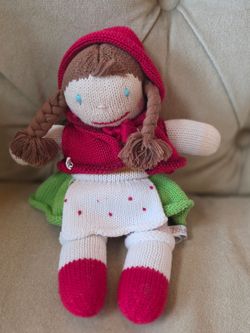 ZUBELS RED RIDING HOOD PLUSH COTTON SWEATER  KNIT TODDLER DOLL/LOVEY W/PIGTAILS