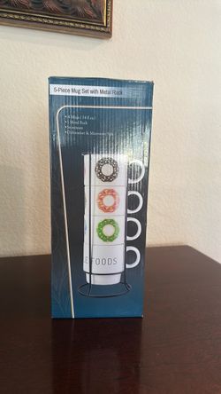 American atelier 5 piece mug set with stand, 14oz stackable stoneware mugs, NEW, $12, no holds