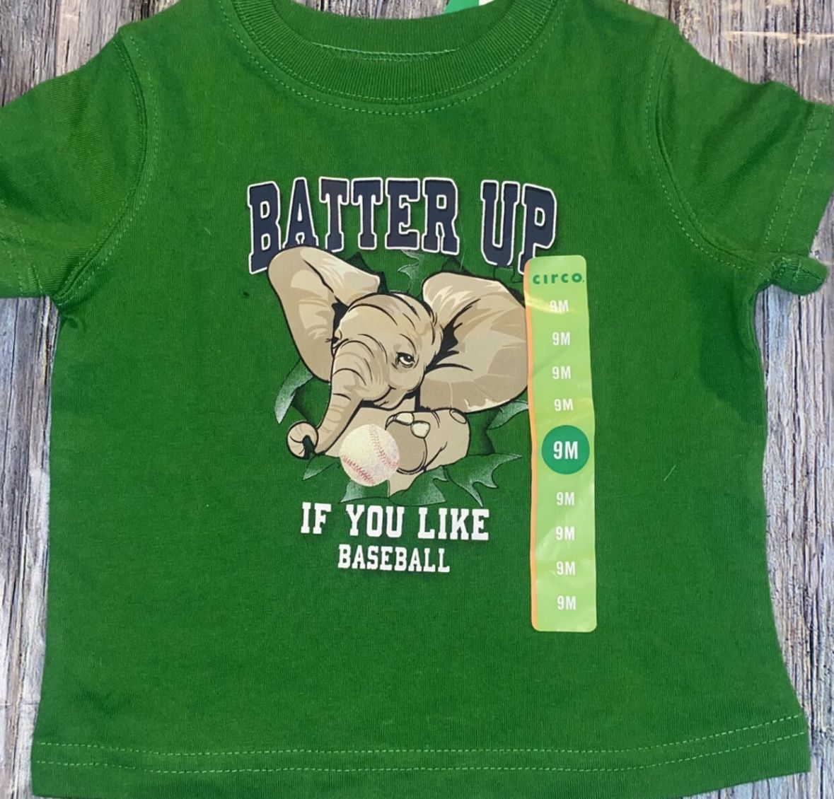New Baby Boy Size 9 months Green “Batter Up” Elephant Baseball Tee Shirt