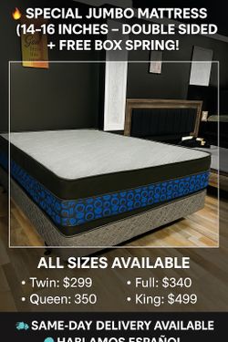 Queen Pillows Top - 14 To 16 Inch - With Free Box Spring - Same Day Delivery 