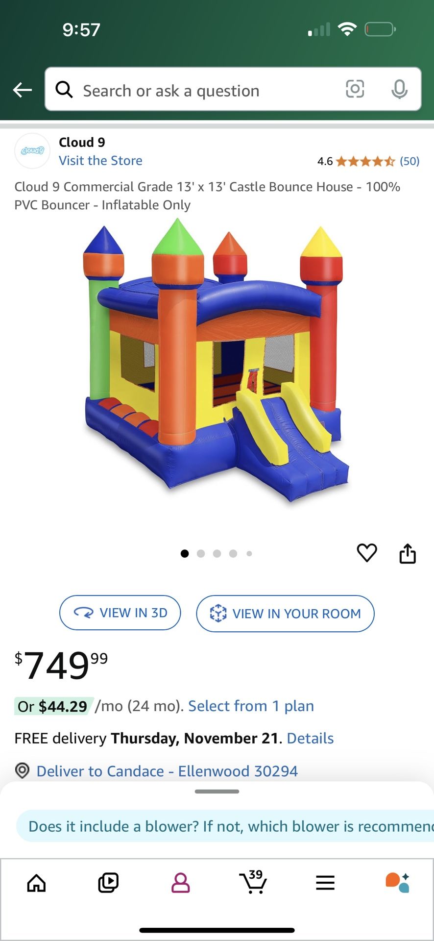 Cloud 9 Commercial Grade 13' x 13' Castle Bounce House - 100% PVC Bouncer - Inflatable Only