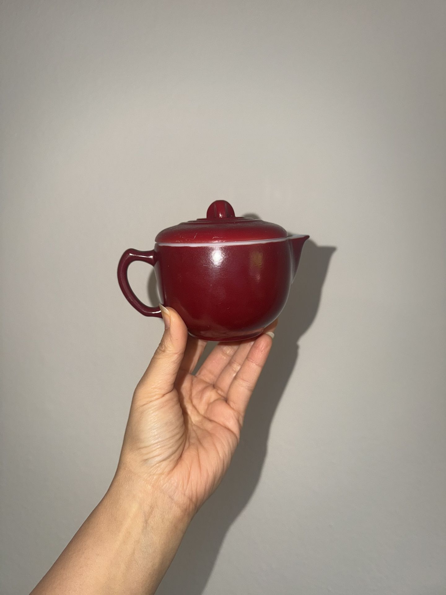 Vintage Holiday Red Burgundy Maroon Cranberry Glass Ceramic Sugar Creamer Pot Round 50s 60s MCM mid century modern tableware serving  