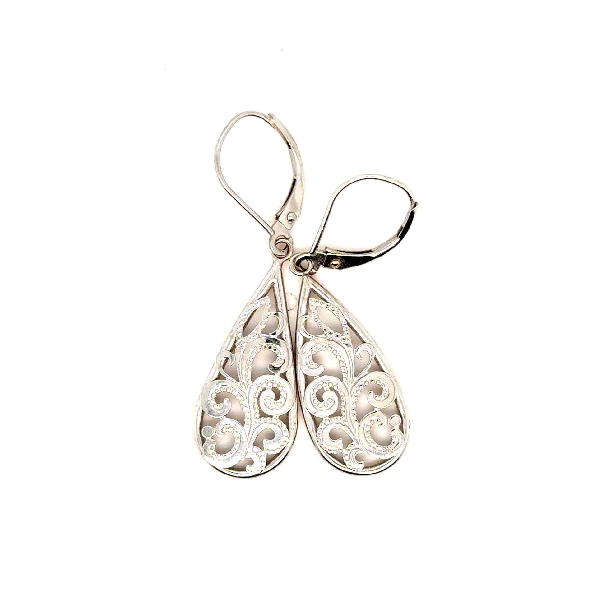 14K White Gold Swirl Teardrop Dangle Earrings