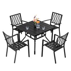 Outdoor Dining Set,Dining Table W/ Umbrella Hole+ 4 Stackable Metal Chairs/ Juego de comedor para te