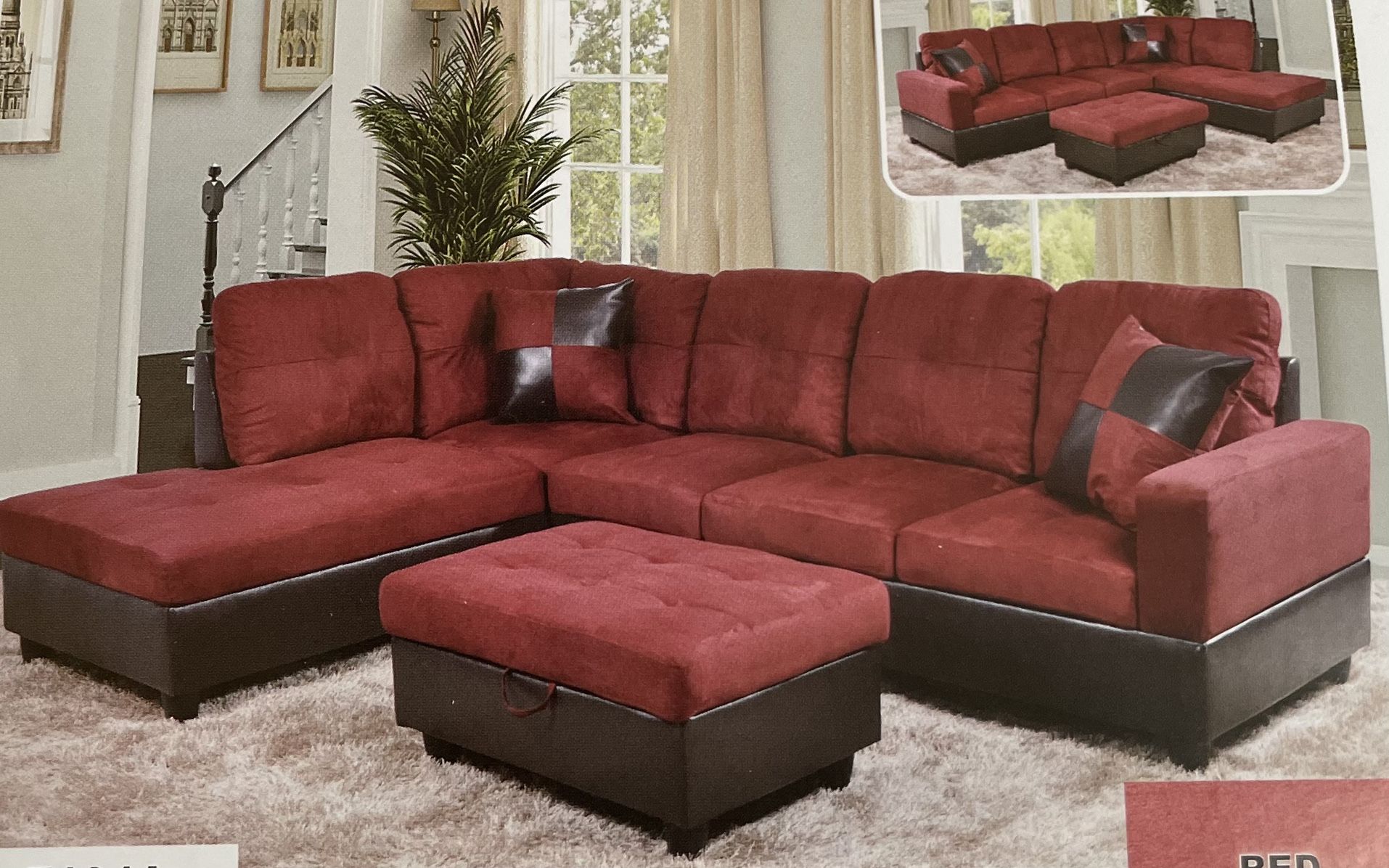 Red Microfiber Sectional Couch And Storage Ottoman