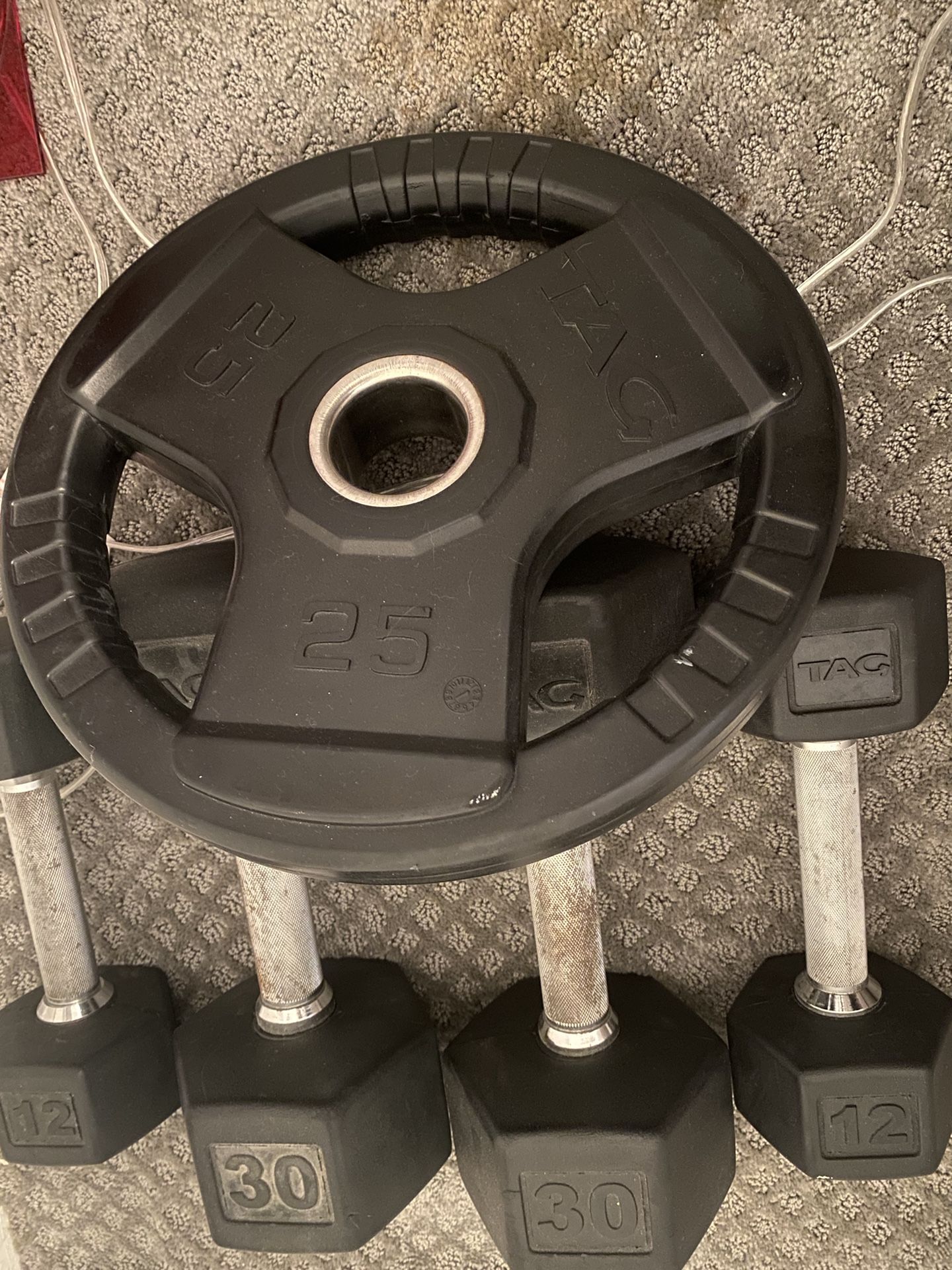 TAG Rubber Dumbbells And Plate 12,30,25 Lbs