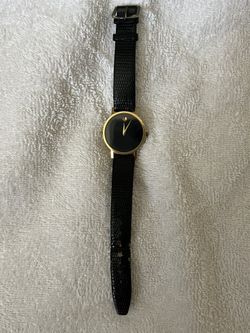 Classic Vintage Movado Museum  Men’s 31mm Gold Tone Black Dial Lizard Strap Quartz Watch 87-45-882