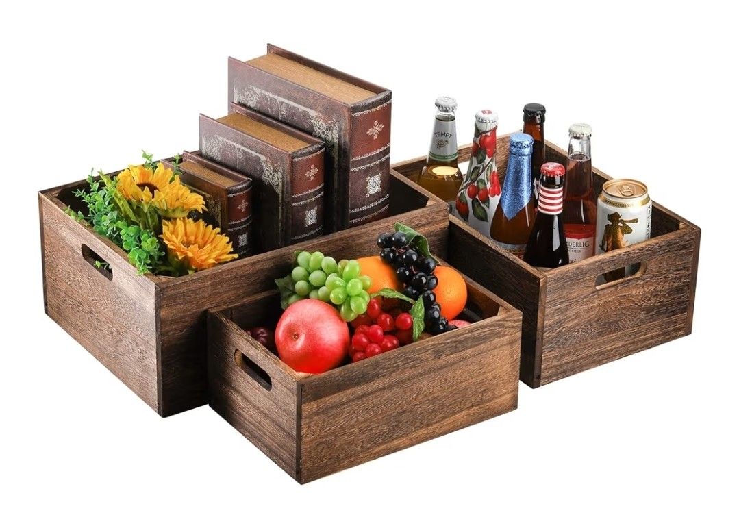 Frcctre Set of 3 Wood Nesting Storage Crates with Handles, Decorative Farmhouse Wooden Crates Storage Containers Rustic Handmade Natural Solid Wood Ba